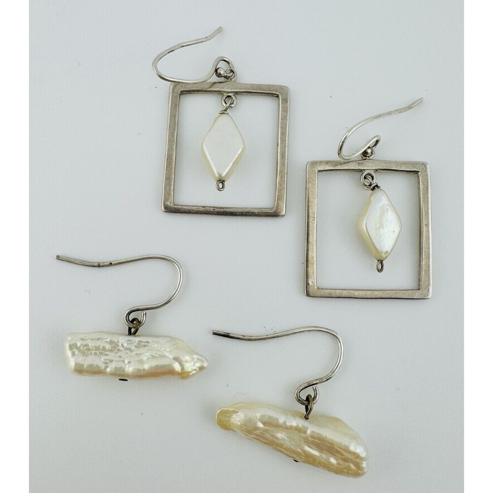 Two Pair Sterling Silver 925 Freshwater Pearl & Baroque Pearl Dangle Earrings